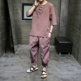 2024夏款风男装棉麻亚麻格子套装两件套大码C229/TZ339/P85，男装休闲套装，电商C229-1