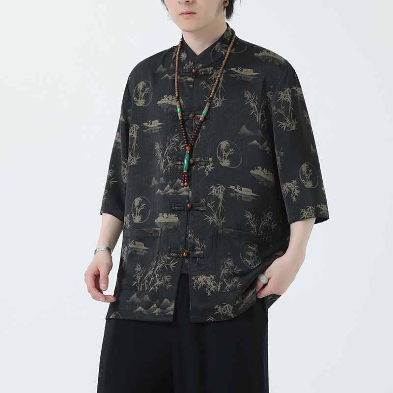 2024夏季风男装冰丝印花唐装汉服短袖衬衫衬衣C229-Y1021-P70，男装T恤，电商C229-1