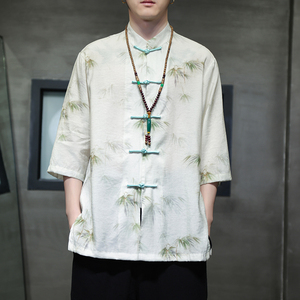2024夏风男装竹子冰丝唐装汉服短袖五分袖T恤C229-Y1003-P70，男装衬衫，电商C229-1
