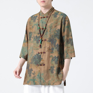 2024夏风男装盘扣中式唐装汉服短袖五分袖衬衫C229-Y1005-P68图片