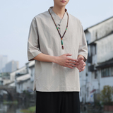 2024夏季风男装棉麻亚麻唐装汉服短袖五分袖T恤C229/T171/P50，男装T恤，电商C229-1
