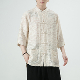 风男装棉亚麻唐装汉服短袖五分袖衬衫衬衣白底C229/Y975/P78，男装衬衫，电商C229-1