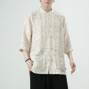 风男装棉亚麻唐装汉服短袖五分袖衬衫衬衣白底C229/Y975/P78图片