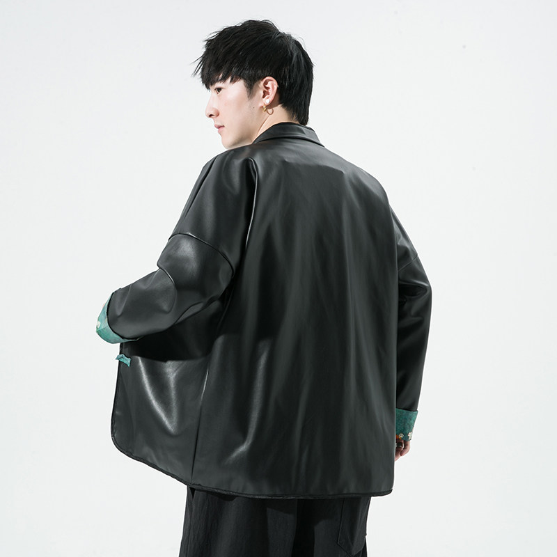 2024秋冬风男装撞色pu夹克外套唐装汉服大码C229/Y711/P105,男装皮衣,电商C229-1