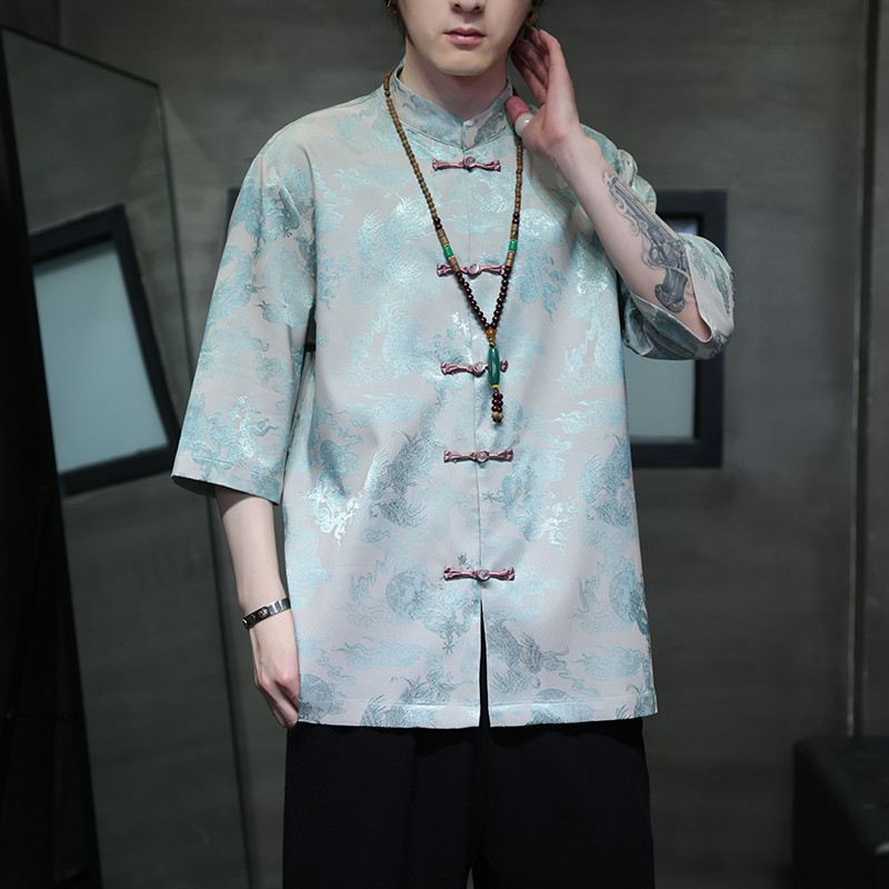 2024夏季风男装龙图案唐装汉服短袖五分袖衬衫C229-Y1030-P70,男装衬衫,电商C229-1