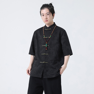 2024春夏风男装提花盘扣中式唐装汉服短袖衬衫C229-Y996-P70图片