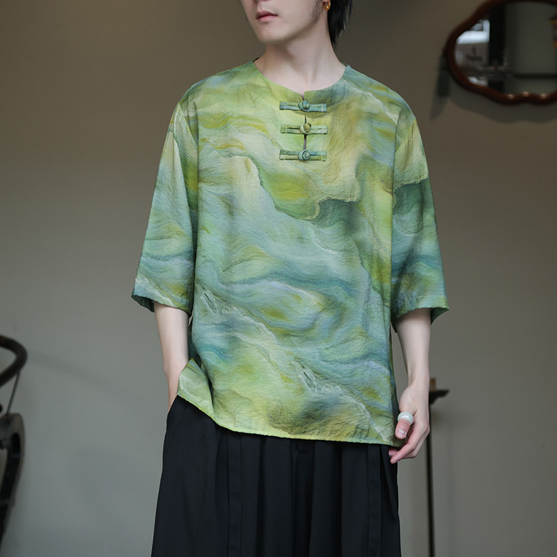 2024春夏风男装印花唐装汉服短袖五分袖T恤大码C229-T213-P60,男装T恤,电商C229-1