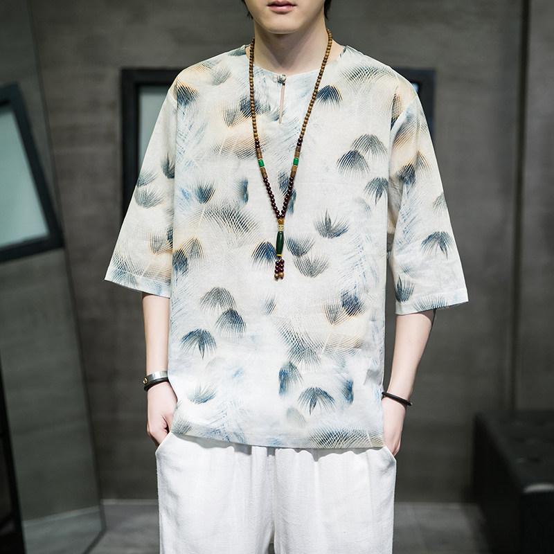 2024夏款风男装棉麻亚麻印花唐装汉服短袖T恤男C229/T167/P50图片