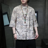 2024夏风男装印花唐装汉服短袖五分袖衬衫衬衣C229-Y1023-P68，男装衬衫，电商C229-1