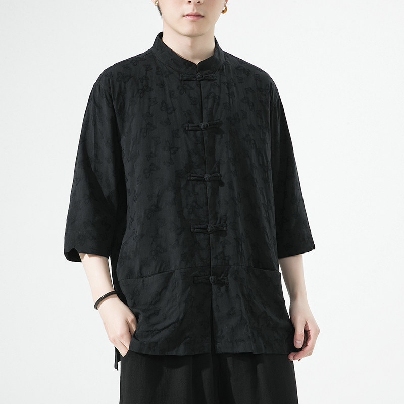 2024夏风男装唐装汉服短袖五分袖衬衫衬衣白底C229/Y973/P65,男装衬衫,电商C229-1
