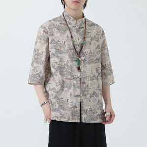 2024夏风男装印花唐装汉服短袖五分袖衬衫衬衣C229-Y1023-P68图片