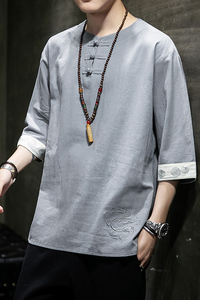 风男装棉麻亚麻刺绣唐装汉服短袖五分袖T恤男C229/T109/P45图片