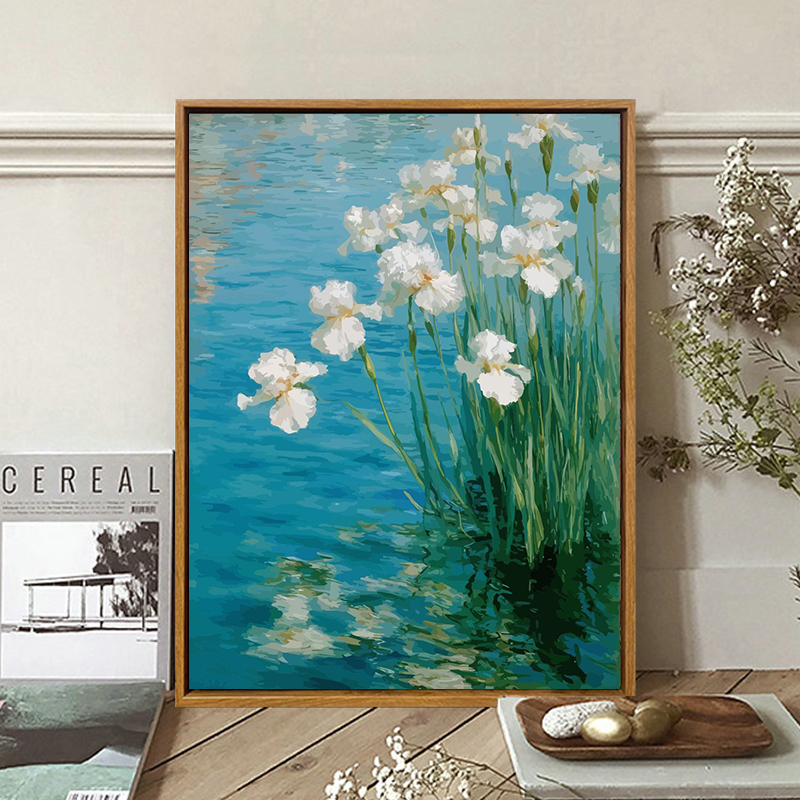 水畔白鸢尾花卉风景治愈diy数字油画丙烯手绘填充家居挂画装饰画图片