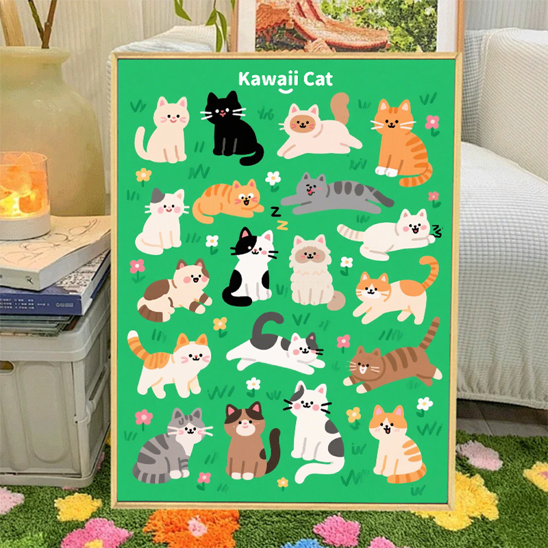 草地猫咪小狗diy数字油画卡通填充涂色手工ins风可爱治愈丙烯装饰图片
