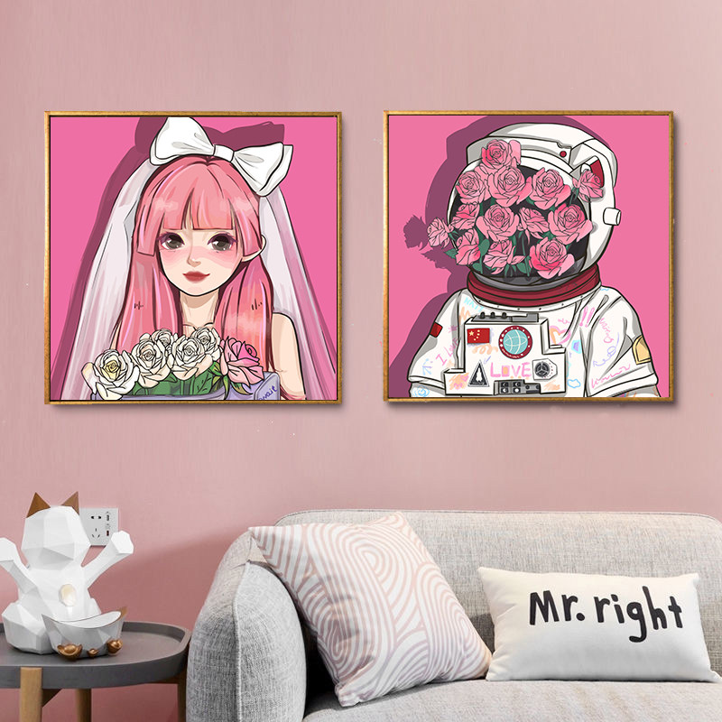 太空服情侣礼物填充涂鸦数字油画diy手绘丙烯油彩画手工装饰挂画