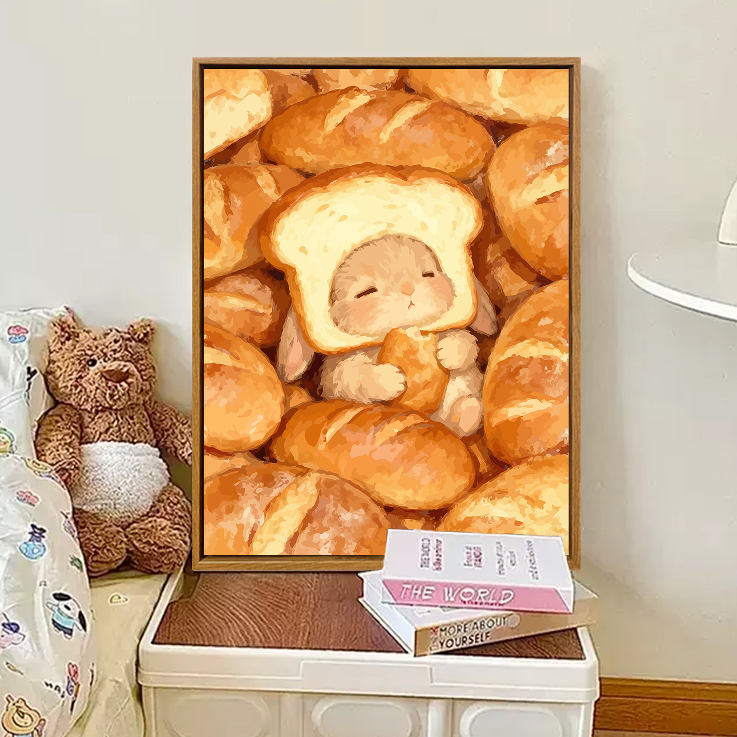 数字油画diy面包堆里的兔兔可爱