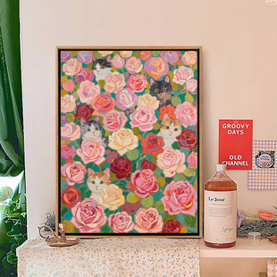 玫瑰色花猫花海治愈卡通diy数字油画丙烯手绘填充家居礼物装饰画
