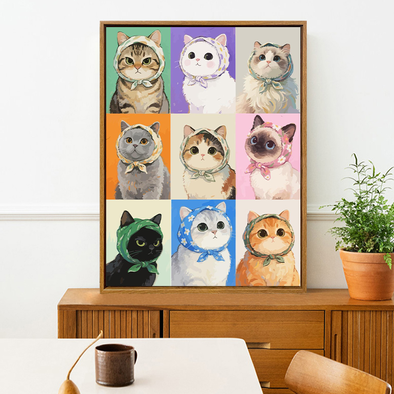 小猫咪肖像画九宫格丙烯手绘