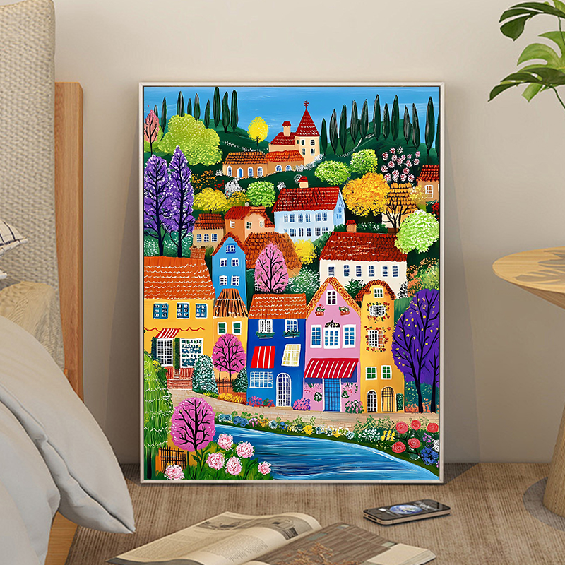 多巴胺小镇彩色活力房子DIY手绘数字油画填充手工涂色丙烯油彩画