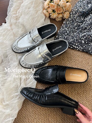 Meeigeec.Q～真皮褶皱乐福包头半拖女2026新款百搭休闲外穿拖鞋