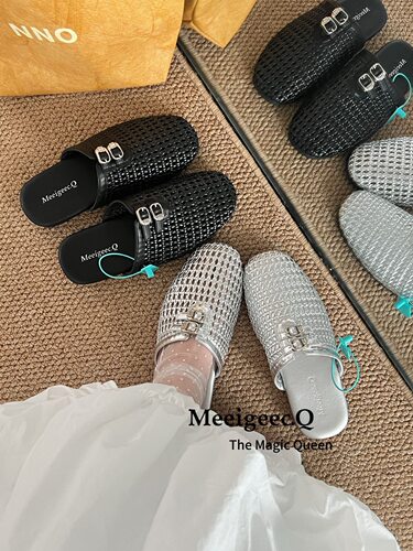 Meeigeec.Q法式编织镂空包头半拖鞋女2026新款洞洞凉鞋透气穆勒鞋