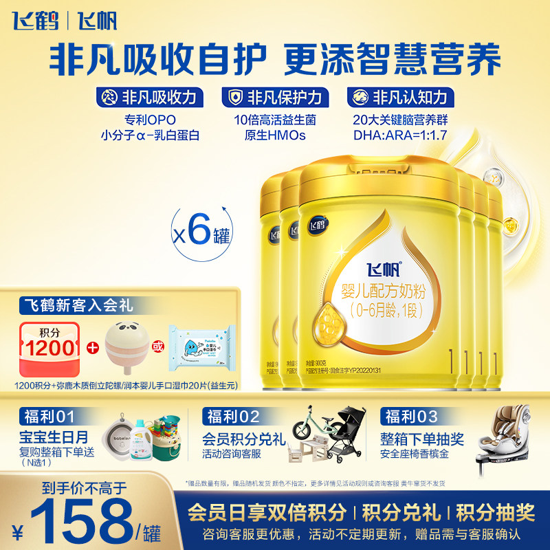 官方正品】飞鹤飞帆呵护1段奶粉专利OPO新生婴儿一段900g*6罐保价