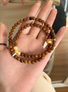 精品文玩高抛库克圆珠手串小众双圈佛珠天然老蜜蜡桶珠文玩手链女