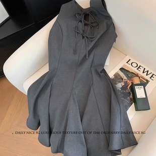 裙系带高腰显瘦大裙摆修身 西装 收腰短裙背心连衣裙女 法式 春夏新款