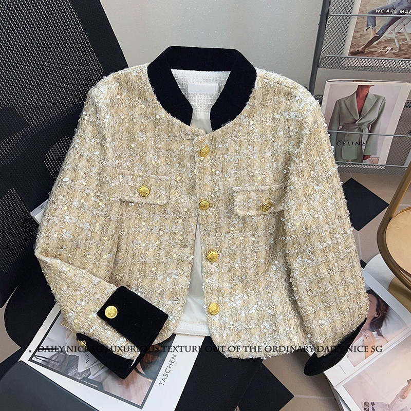 秋冬新款小香风洋气亮片丝绒拼接气质短款显瘦夹棉小外套女士外搭