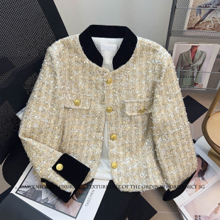 秋冬新款 显瘦夹棉小外套女士外搭 小香风洋气亮片丝绒拼接气质短款