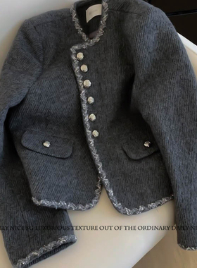 秋冬新款小香风气质编织拼接单排扣长袖短款显瘦夹棉小外套女外搭