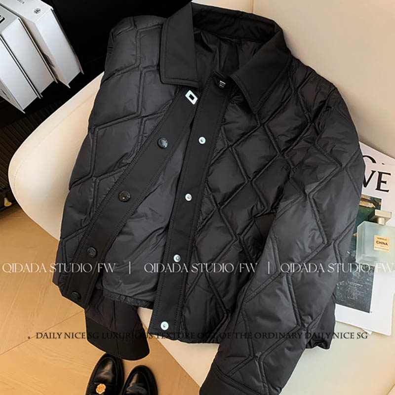 气质娃娃领菱形格显瘦轻薄棉服女