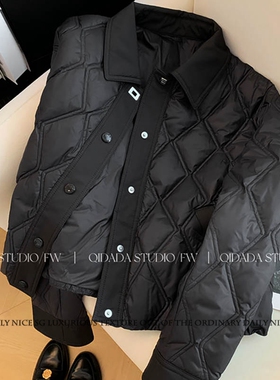 秋冬新款气质娃娃领个性暗扣菱形格长袖显瘦轻薄棉服女外套薄棉衣