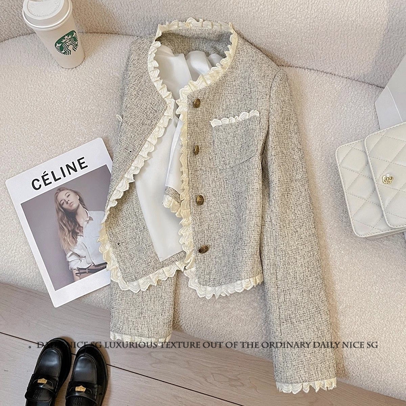 小香风气质蕾丝花边单排扣短外套