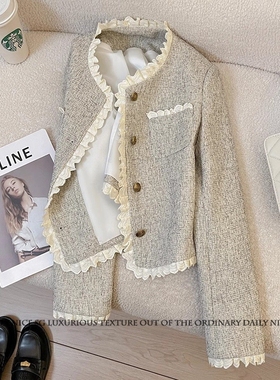 2025秋季新款小香风气质蕾丝花边单排扣长袖显瘦短款小外套女外搭