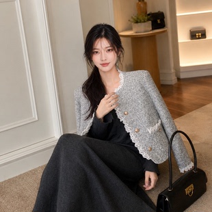 2026新款春秋季温柔气质蕾丝边仿水貂绒短款长袖小香风外套女上衣