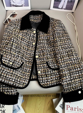 新款洋气小香风气质丝绒娃娃领拼接长袖撞色短款显瘦小外套女外搭