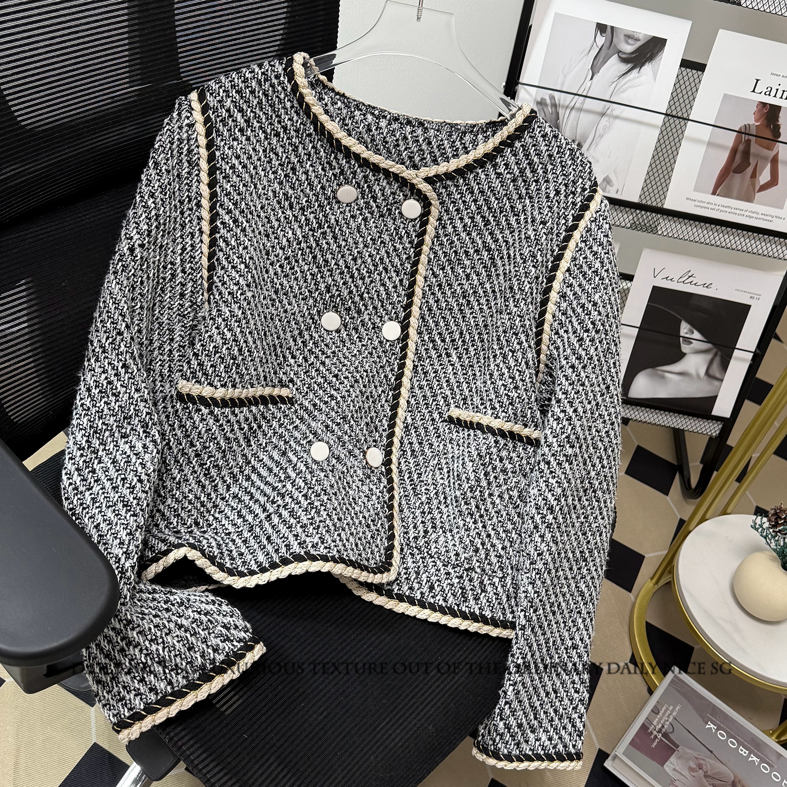镶金丝编织双排扣短款显瘦小外套
