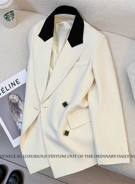 春秋季新款小香风气质拼色双排扣休闲显瘦中长款小西装外套女西服