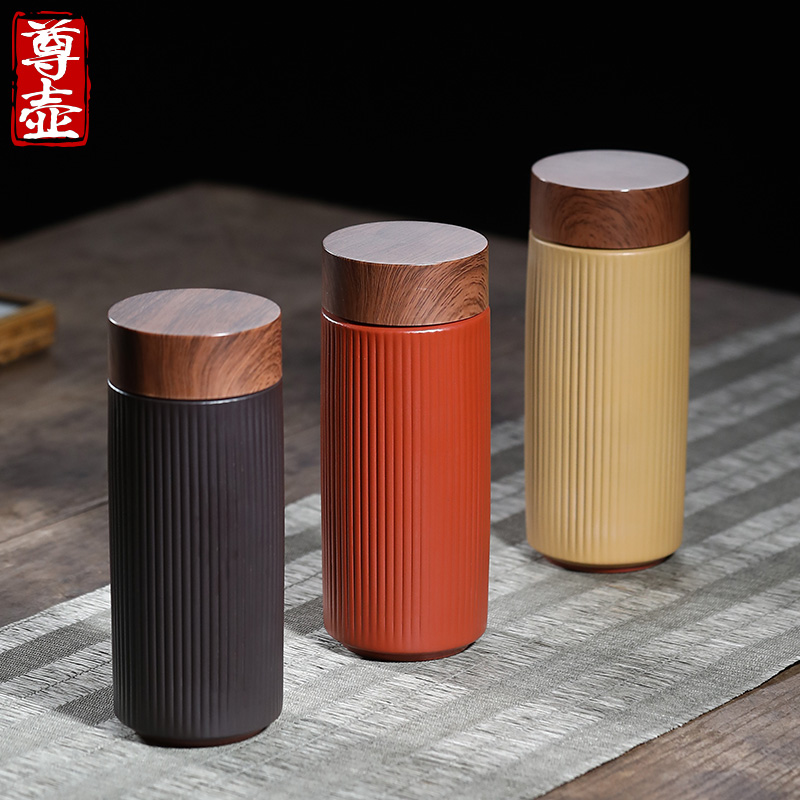 宜兴双层隔热紫砂杯泡茶杯盖杯