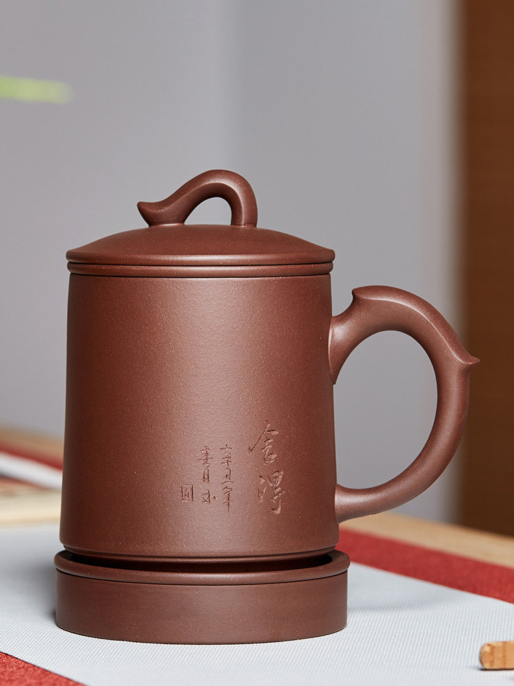 宜兴紫砂茶杯茶水分离纯手工办公杯盖杯垫过滤手柄水杯茶具