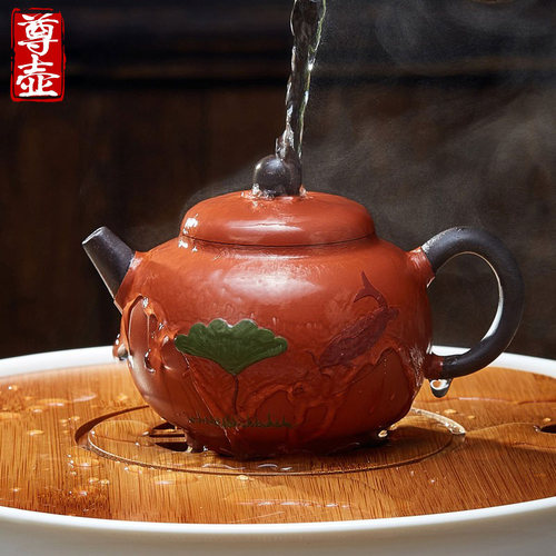 宜兴纯手工紫砂壶荷塘鱼趣泡茶壶