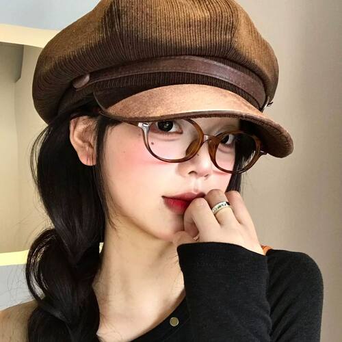 棕色皮檐贝雷帽女春秋美拉德复古显脸小八角帽大头围报童画家帽子