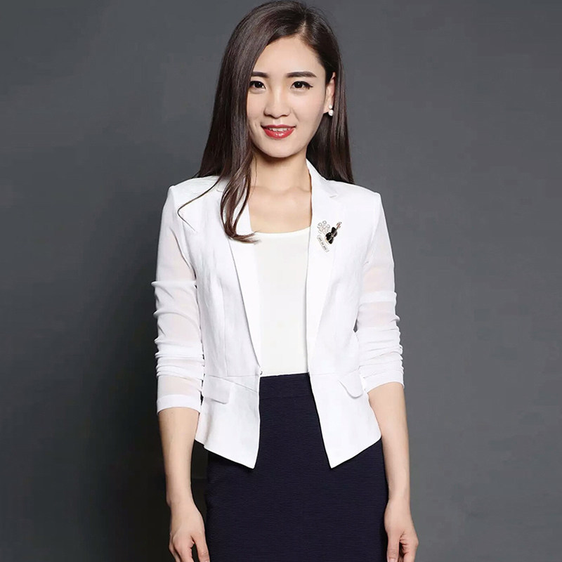 阿瑪施2020春夏装修身翻领网纱长袖西服外套职业装亚麻短款小西装