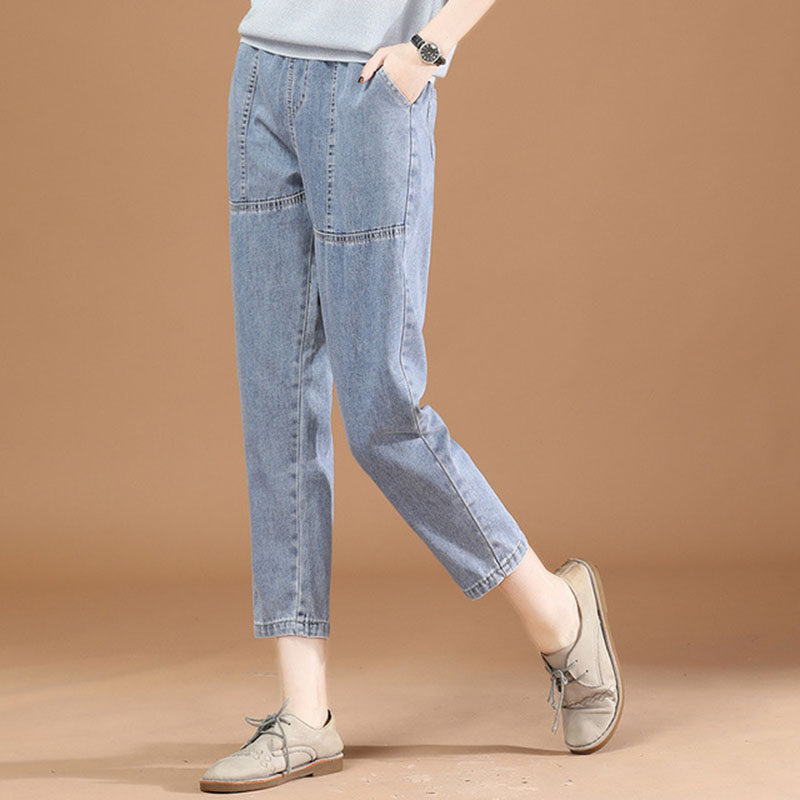 阿瑪施女装旗舰店松紧腰牛仔裤女高腰2020夏新款宽松老爹裤九分裤