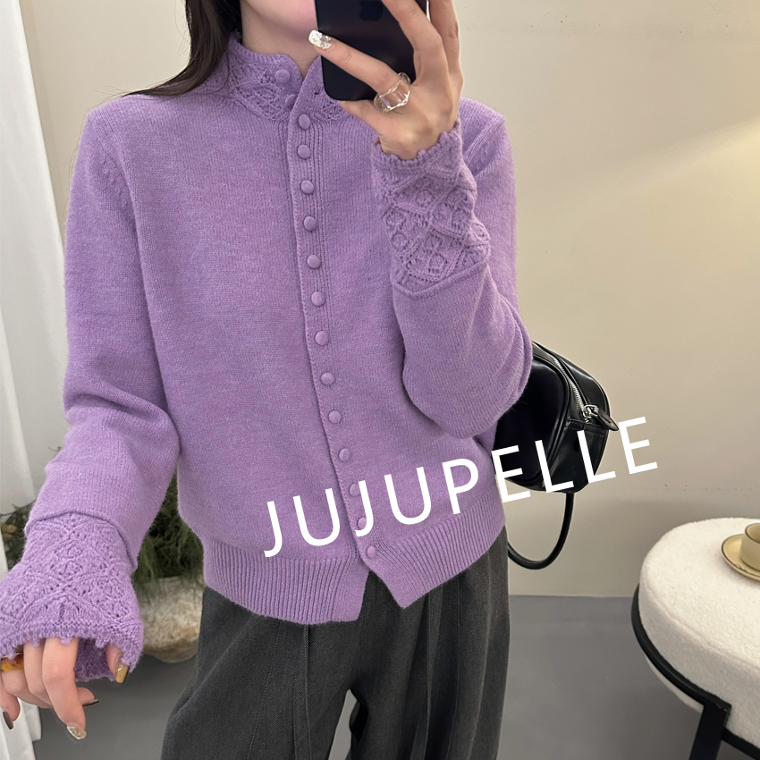 镂空花边袖纯色半高领针织开衫