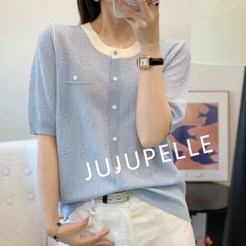 莱赛尔100~纽扣假口袋提花撞色2026春夏新款针织衫女上衣中袖T恤