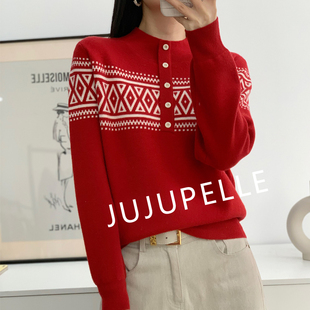 蜜熊绒~费尔岛撞色提花半扣套头！秋冬新款针织衫宽松女款毛衣