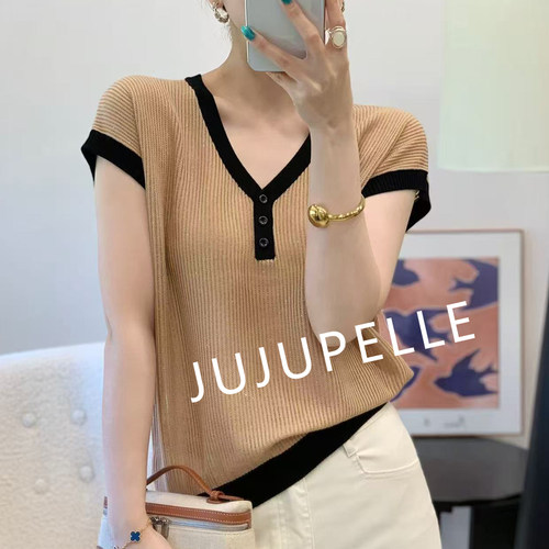 [莱赛尔100]纽扣V领撞色亮片2026夏季新款i针织女款T恤上衣套头薄