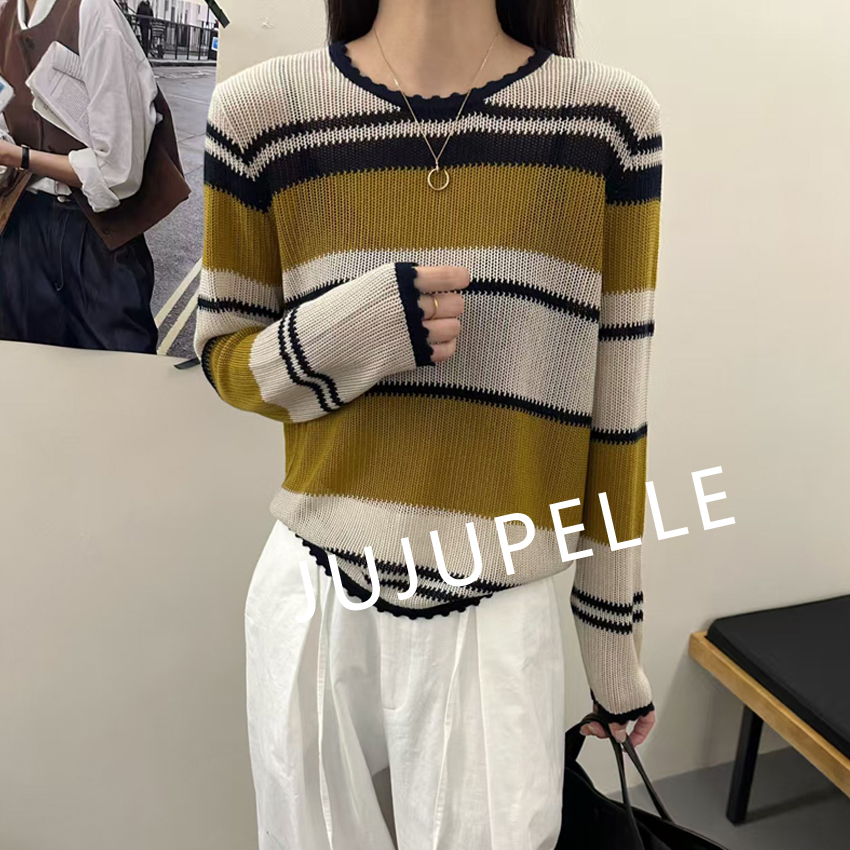早秋新款撞色设计感气质2025韩版百搭宽松减龄针织打底衫女款套头